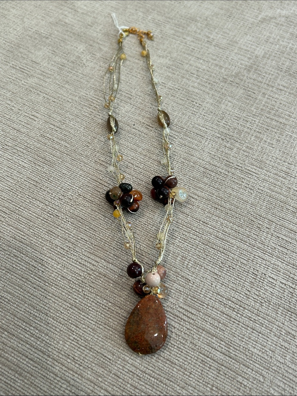 Beaded Multi-Stone Unakite Teardrop Pendant Necklace - Brown
